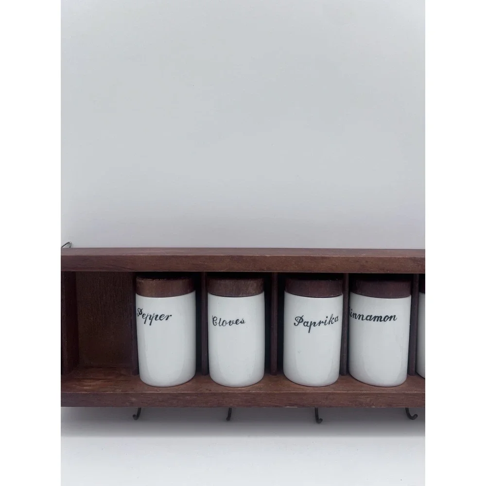 Vintage MCM Danish Modern‎ Wood and Porcelain Spice Rack